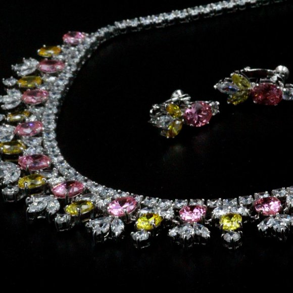 NOS Rucinni Rhinestones Jeweled Crystals Yellow Pink Pastel Necklace Set - Picture 11 of 13